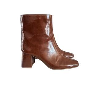 ON 34th Margoe Square Toe Boots Shiny Cognac Brown Sz 8M Block Heel Zipper